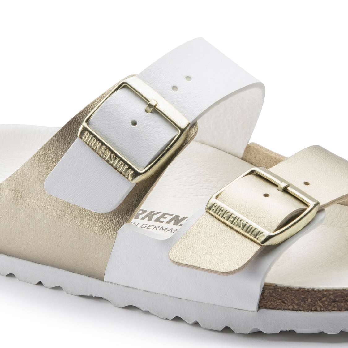 White / Gold Birkenstock Arizona Split Birko-Flor Women's Two Strap Sandals | q36fZHsJv1s