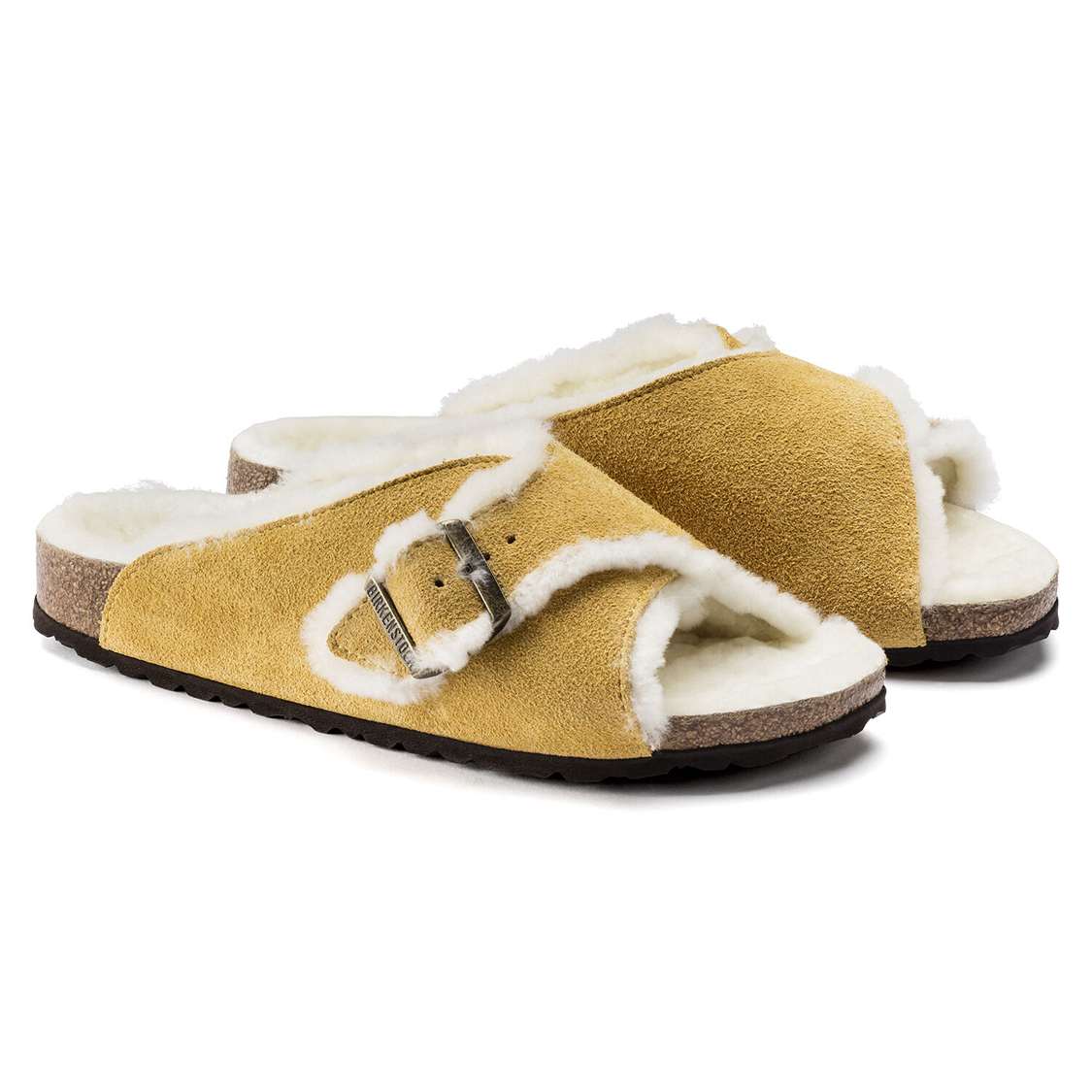 Yellow Birkenstock Arosa Shearling Suede Leather Women's One Strap Sandals | mhWkbADFzJc